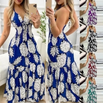 Fashion Floral Printed V-neck Backless High Waist Maxi Dress