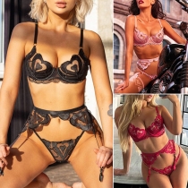 Sexy Heart Embroidery Three-piece Lingerie Set