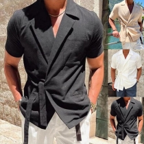 Street Fashion Solid Color Lapel Short Sleeve Wrap Shirt for Men
