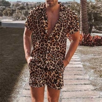Fashion Leopard Printed Two-piece Set for Men Consist of Shirt and Shorts
