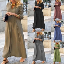 Casual Solid Color V-neck Long Sleeve Maxi Dress