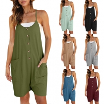 Casual Solid Color Buttoned Patch Pockets Loose Romper