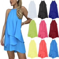 Fashion Solid Color Halterneck Backless Tiered Mini Dress
