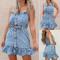 Street Fashion Old-washed Drawstring Ruffle Hemline Denim Dress