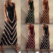 Fashion Contrast Color Wave Printed Ruffled V-neck Halterneck Backless Midi Dress