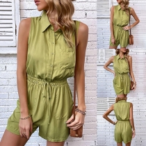 Casual Solid Color Stand Collar Buttoned Sleeveless Drawstring Romper