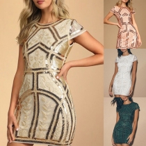 Fashion Sequined Spliced Round Neck Cap Sleeve Bodycon Dress