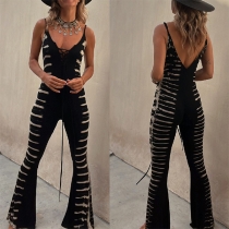 Street Fashion Contrast Color Printed Lace-up V-neck Wide-leg Cami Jumpsuit