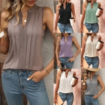 Street Fashion Solid Color V-neck Pleated Sleeveless Shirt
