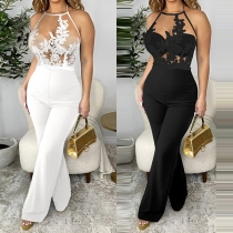 Street Fashion Gauze Spliced Lace Sleeveless Backless Wide-leg Jumpsuit