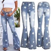 Street Fashion Vertical Stripe Star Printed Wide-leg Denim Jeans