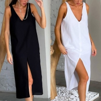 Fashion Solid Color V-neck Sleeveless Slit Nightwear Dress
