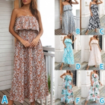 Bohemia Style Floral Printed Ruffled Strapless Maxi Dress