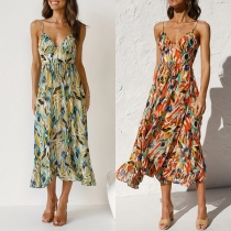 Fashion Floral Printed V-neck Backless Slip Midi Dress