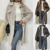 Fashion Solid Color Stand Collar Long Sleeve Longline Plush Jacket