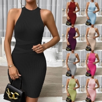 Fashion Solid Color Round Neck Sleeveless Criss-cross Bodycon Dress