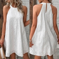 Casual Floral Hollow-out Halterneck Sleeveless Mini Dress