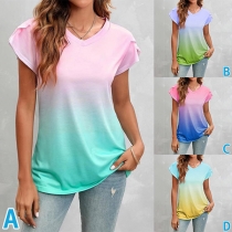 Fashion Gradient Color V-neck Short Sleeve Shirt