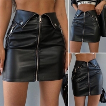 Street Fashion Fold Zipper Artificial Leather PU Skirt