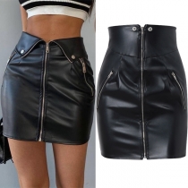 Street Fashion Fold Zipper Artificial Leather PU Skirt