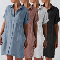 Casual Solid Color Stand Collar Short Sleeve Buttoned Patch Pockets Shirt Dress