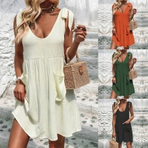 Casual Solid Color Self-tie Patch Pockets Mini Dress