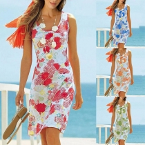 Casual Floral Printed Round Neck Sleeveless Dress