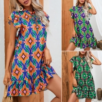 Fashion Floral Printed Mock Neck Ruffled Short Sleeve Mini Dress