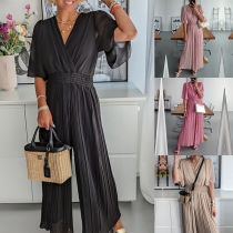 Fashion Solid Color V-neck Short Sleeve Pleated Jumpsuit