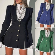 Fashion Contrast Color Ruffled Hemline Button Fake-two-piece Mini Dress