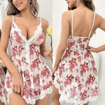Fashion Lace Spliced Floral Printed V-neck Slip Nightwear Dress