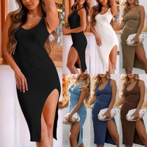 Fashion Solid Color Round Neck Sleeveless Slit Tank Dress