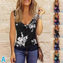Fashion Floral Printed Draped Neck Lace Spliced Sleeveless Shirt