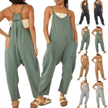 Casual Solid Color Patch Pockets Loose Jumpsuit