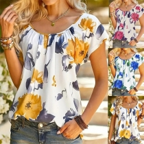 Fashion Floral Printed Round Neck Short Sleeve Shirt