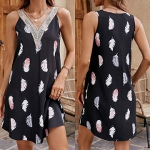 Casual Leaf Printed Lace Spliced V-neck Sleeveless Mini Dress