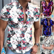 Fashion Floral Printed Stand Collar Short Sleeve Buttoned Shirt for Men