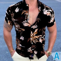 Street Fashion Floral Printed Stand Collar Short Sleeve Blouse for Men