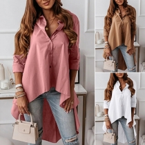 Street Fashion Solid Color Stand Collar V-neck High-low Shirt