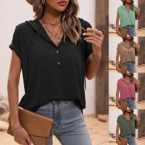 Casual Solid Color Buttoned Drawstring Short Sleeve Drawstring Hoodie Shirt
