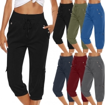 Casual Solid Color Mid-rise Drawstring Shorts for Women