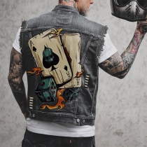 Street Fashion Old-washed Frayed Playing Cards Printed Sleeveless Denim Vest for Men