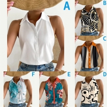 Street Fashion Stand Collar Buttoned Sleeveless Shirt