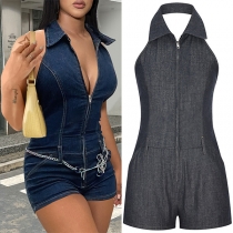 Sexy Stand Collar Zipper Sleeveless Backless Bodycon Romper