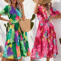 Fashion Floral Printed V-neck Short Sleeve Pleated Dress with Belt
