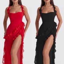 Sexy Solid Color Ruffled Slit Party Dress