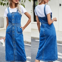 Street Fashion Old-washed Buttoned Slit Denim Dress