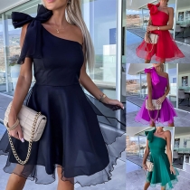 Street Fashion Solid Color Bowknot One Shoulder Gauze Spliced Party Dress