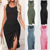 Street Fashion Solid Color Buttoned Round Neck Sleeveless Drawstring Slit Bodycon Dress