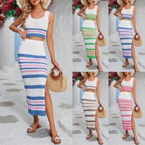 Fashion Contrast Color Knitted Two-piece Set Consist of Crop Top and Slit Skirt